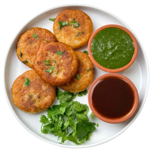 Aloo tiki 2nos with green chutney, tamarind chutney, sev