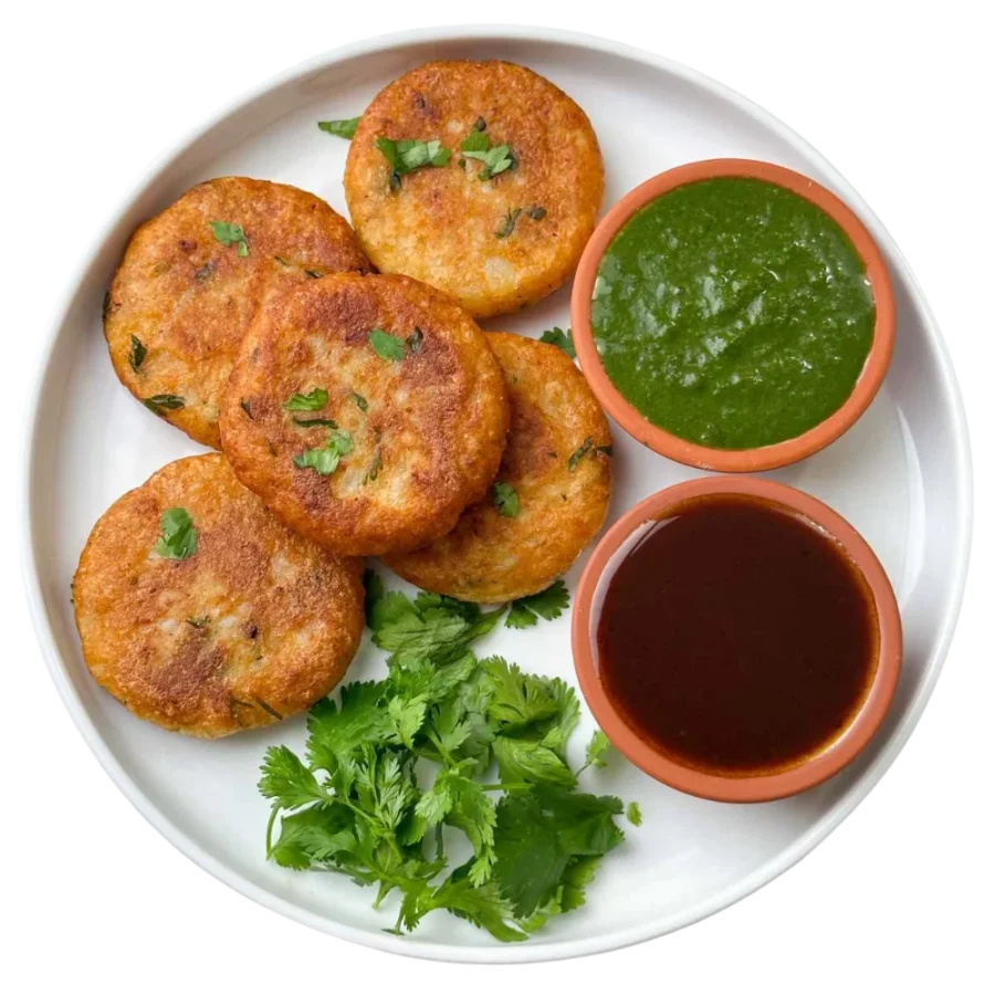 Aloo tiki 2nos with green chutney, tamarind chutney, sev